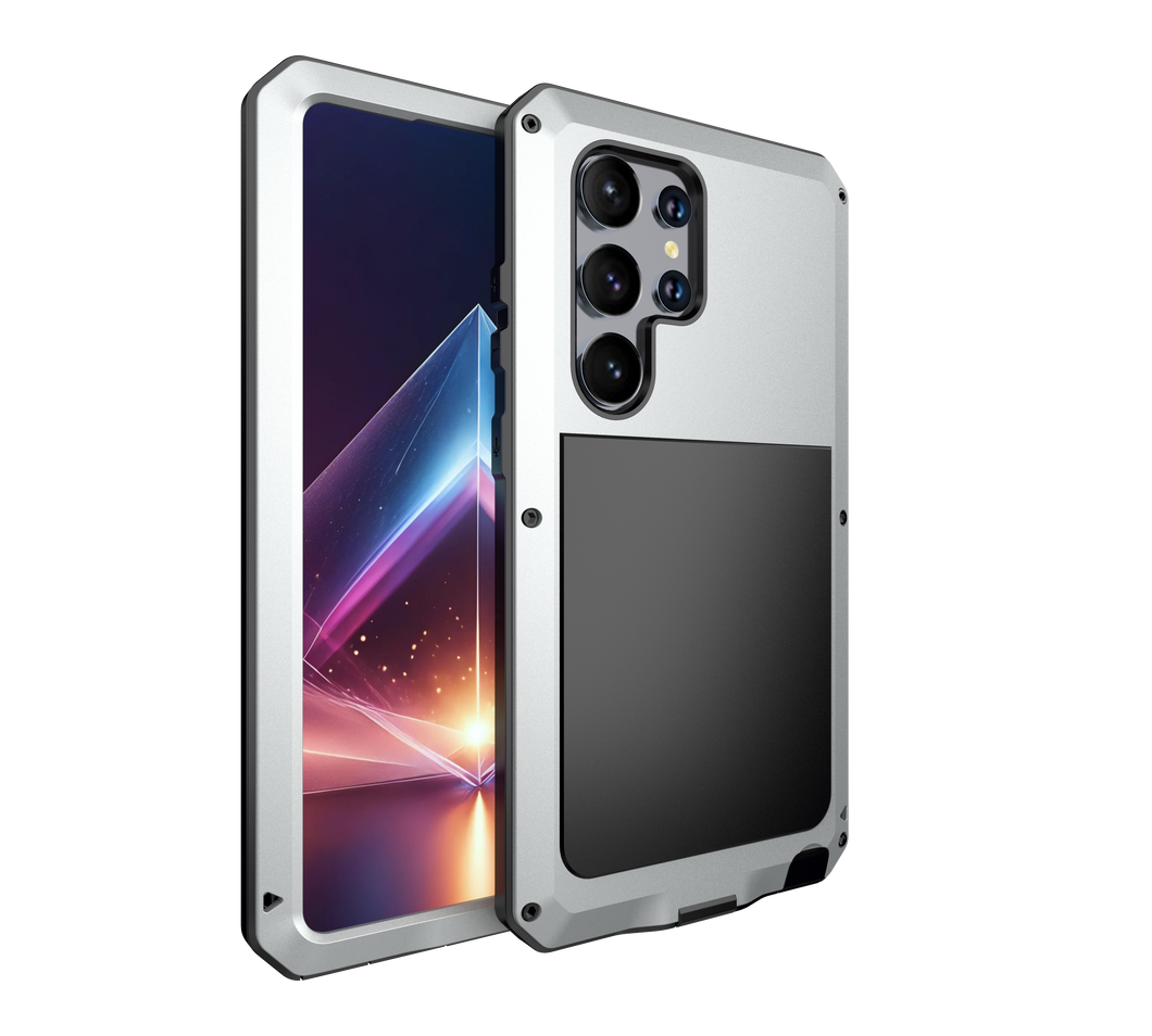 Funda de Metal Galaxy S24 Ultra, Cubierta de Armadura Resistente de Grado Militar [a prueba de golpes] Cuerpo Completo Duro [Plata]