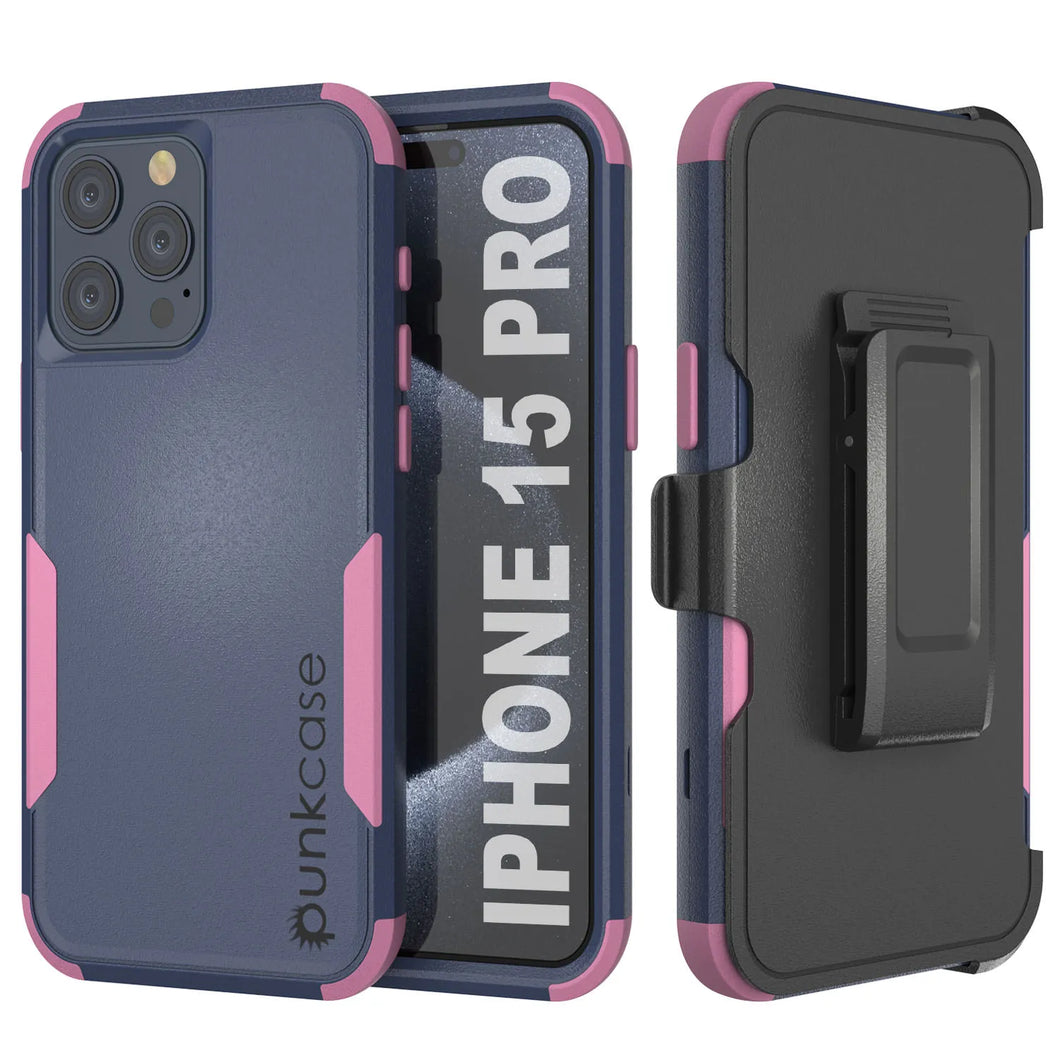 Punkcase para iPhone 15 Pro Belt Clip Multililínea Case de funda [Serie Patron] [Navy Pink]