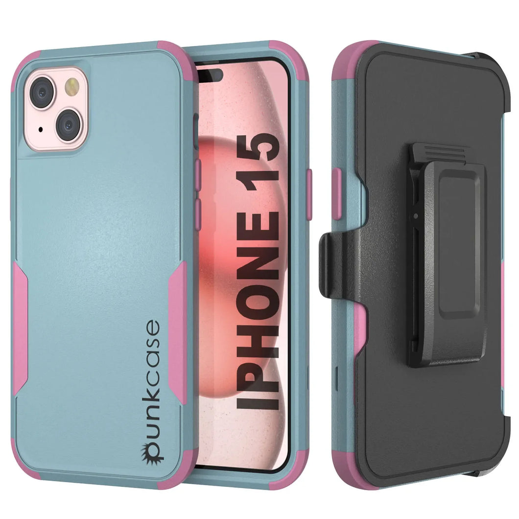 Punkcase para iPhone 15 Centro de estuche multicapa de clip de múltiples [Serie de patrón] [menta rosa]]