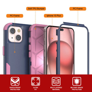 Punkcase para iPhone 15 Plus Cinco de clip de cinturón multicapa Case de funda [Serie de patrones] [Navy Pink]