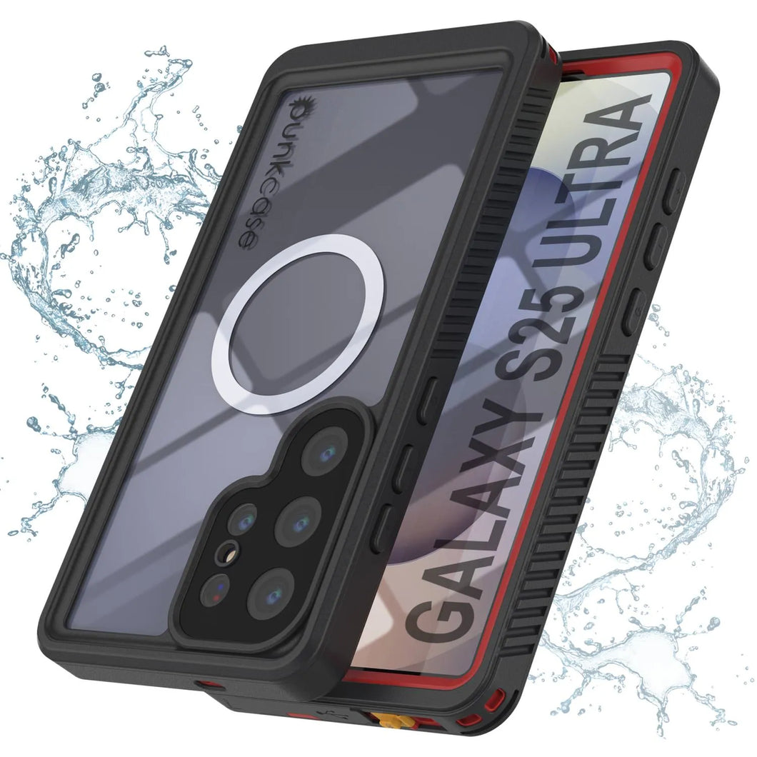 Funda impermeable para Galaxy S25 Ultra, Punkcase [Extreme Mag Series] Armor Cover con protector de pantalla incorporado [Rojo]