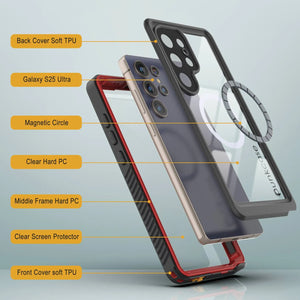 Funda impermeable para Galaxy S25 Ultra, Punkcase [Extreme Mag Series] Armor Cover con protector de pantalla incorporado [Rojo]