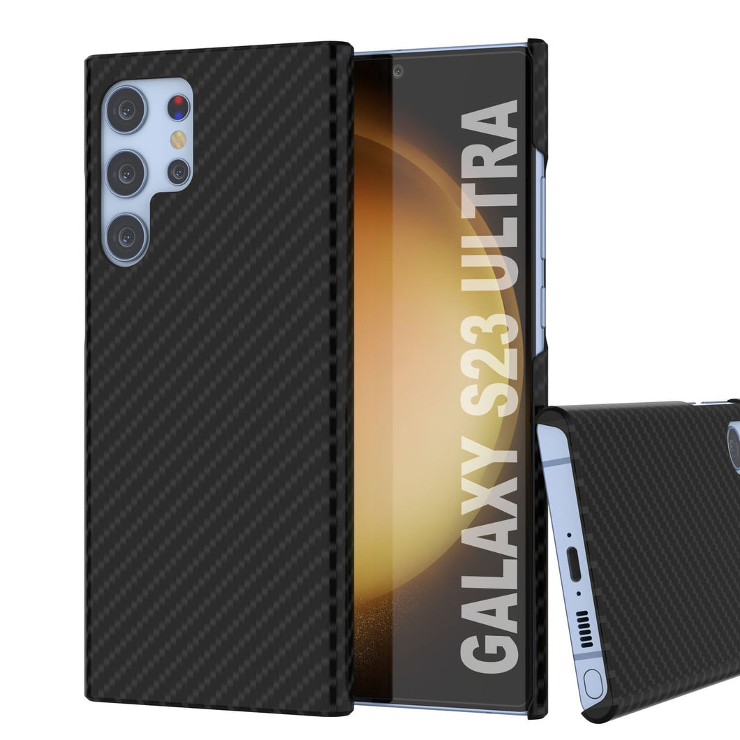 Funda Galaxy S23 Ultra, Punkcase CarbonShield, Resistente y Ultra Delgada, Protector Doble de 2 Piezas de Cuero sintético Negro Azabache (Estilo Fibra de Carbono)