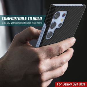 Funda Galaxy S23 Ultra, Punkcase CarbonShield, Resistente y Ultra Delgada, Protector Doble de 2 Piezas de Cuero sintético Negro Azabache (Estilo Fibra de Carbono)