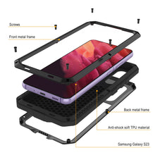 Load image into Gallery viewer, Funda de metal Galaxy S23, resistente y duradera de grado militar, con cubierta protectora blindada [a prueba de golpes], cuerpo completo rígido [negro].
