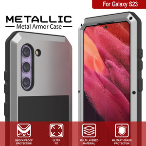 Carcasa Metálica para Galaxy S23, Funda de grado militar resistente [a prueba de golpes] de cuerpo completo, dura [plateada].
