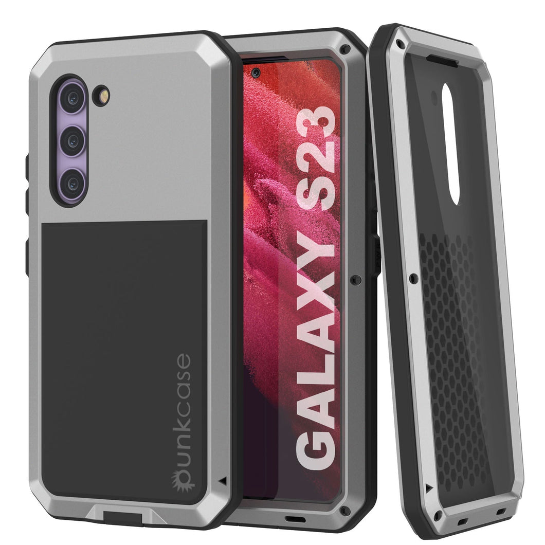 Carcasa Metálica para Galaxy S23, Funda de grado militar resistente [a prueba de golpes] de cuerpo completo, dura [plateada].