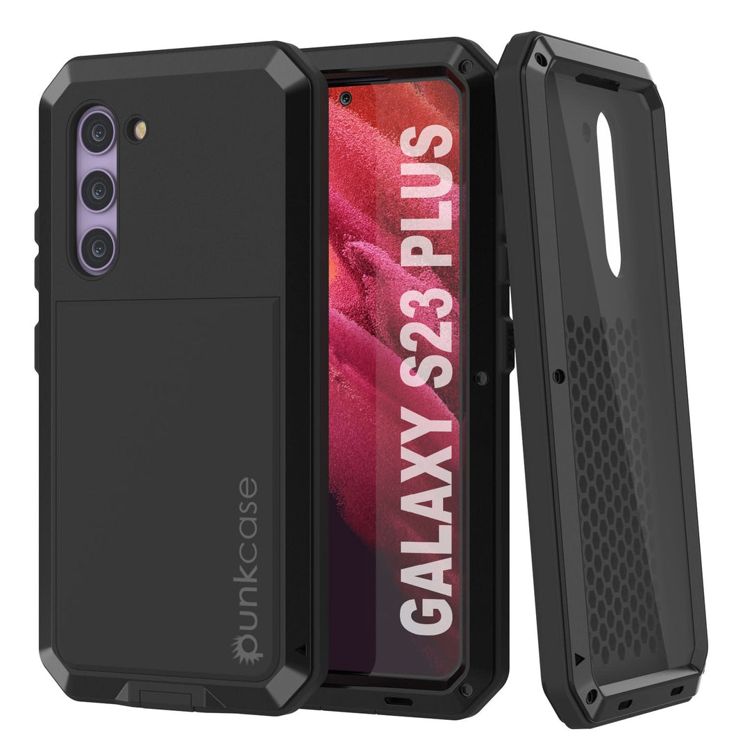 Funda de metal para Galaxy S23+ Plus, resistente con grado militar, cubierta de armadura resistente [a prueba de golpes], cuerpo completo duro [negro].