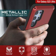 Cargar imagen en el visor de la galería, Funda de metal Galaxy S23 Ultra, carcasa resistente de grado militar con armadura de alta resistencia [a prueba de golpes]. Cuerpo completo duro [Rojo].
