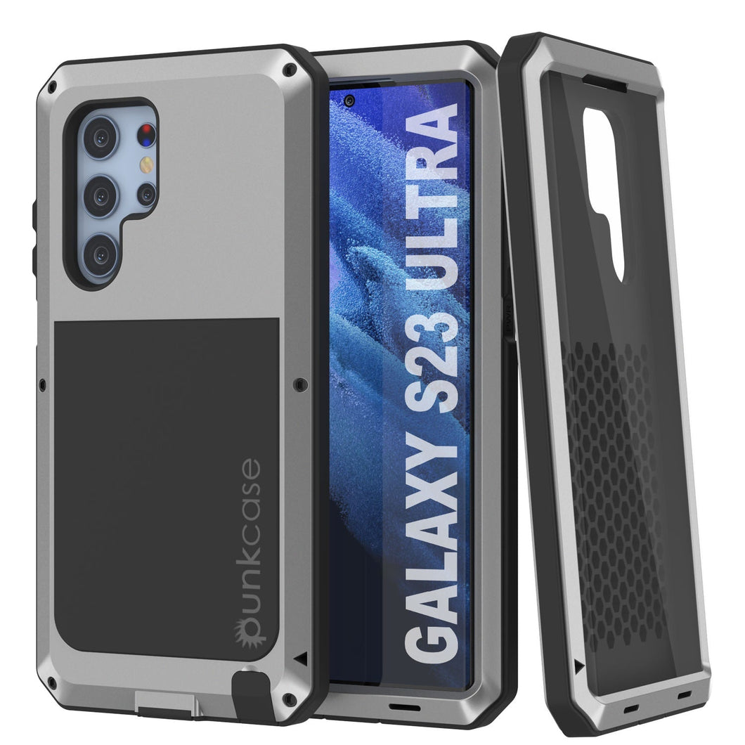 Funda de metal Galaxy S23 Ultra, cubierta resistente de grado militar [a prueba de golpes] cuerpo completo resistente [plata]