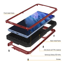 Cargar imagen en el visor de la galería, Funda de metal Galaxy S23 Ultra, carcasa resistente de grado militar con armadura de alta resistencia [a prueba de golpes]. Cuerpo completo duro [Rojo].
