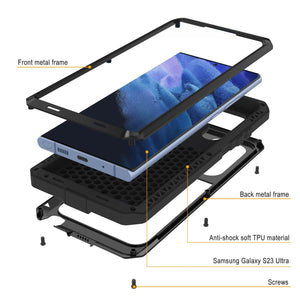 Funda de metal Galaxy S23 Ultra, cubierta de armadura resistente de grado militar [a prueba de golpes], cuerpo completo rígido [negro].