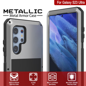 Funda de metal Galaxy S23 Ultra, cubierta resistente de grado militar [a prueba de golpes] cuerpo completo resistente [plata]