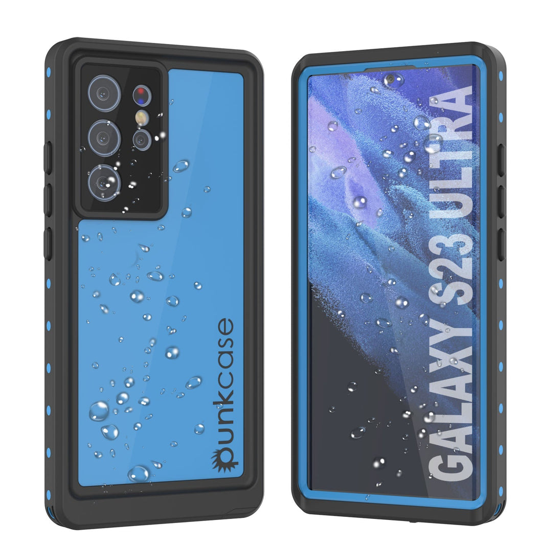 Estuche al agua PunkCase StudStar para Galaxy S23 Ultra, color azul claro, delgado, sumergible hasta 6.6 pies de profundidad y con certificación IP68 a prueba de golpes.