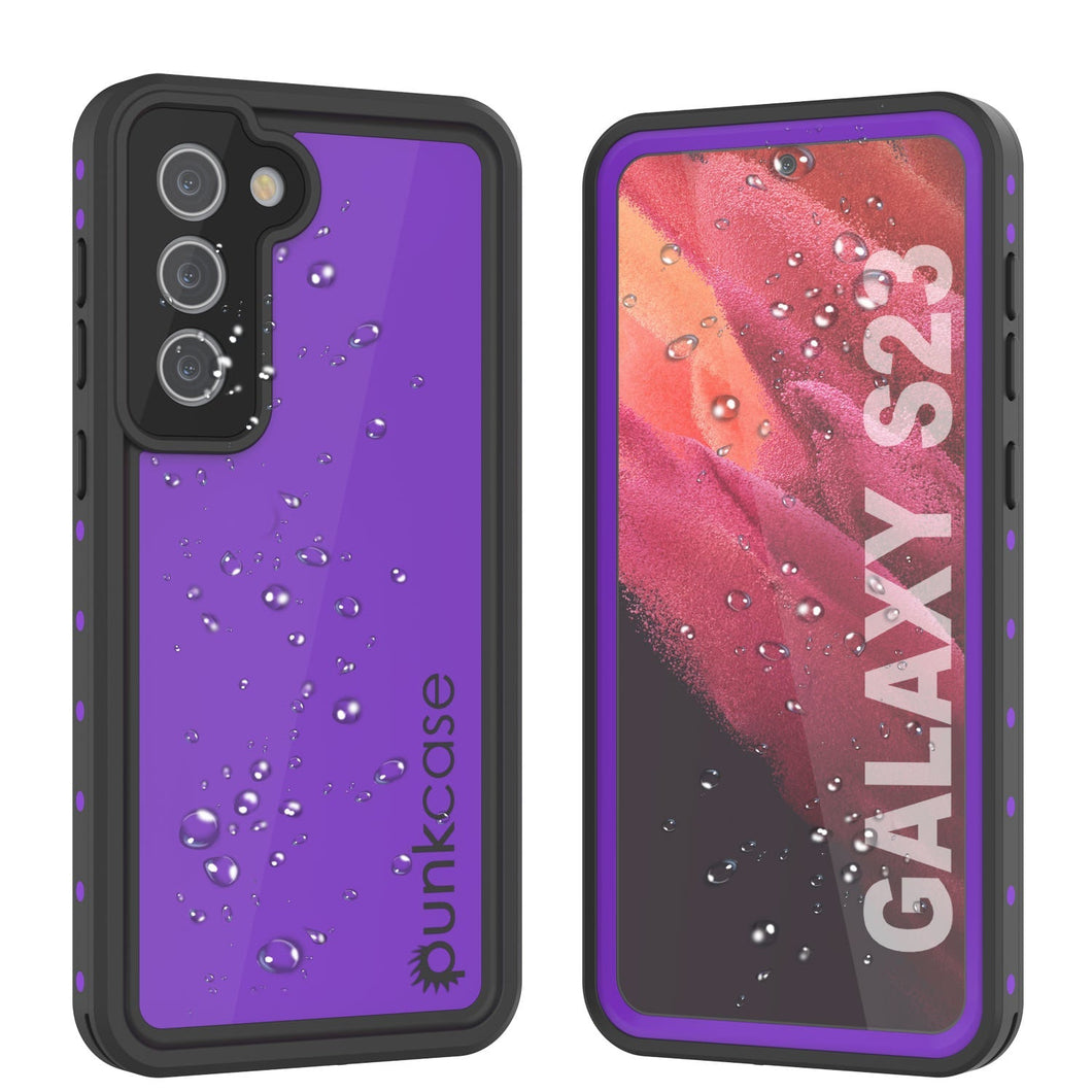 Estuche impermeable Galaxy S23 PunkCase StudStar morado delgado, resistente hasta 6.6 pies bajo el agua, a prueba de golpes/nieve IP68.