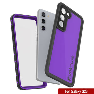 Estuche impermeable Galaxy S23 PunkCase StudStar morado delgado, resistente hasta 6.6 pies bajo el agua, a prueba de golpes/nieve IP68.