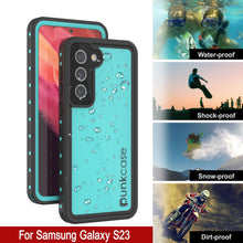 Cargar imagen en el visor de la galería, Funda impermeable Galaxy S23 PunkCase StudStar Teal delgada, resistente al agua hasta 6.6 pies de profundidad, a prueba de golpes/nieve con certificación IP68.
