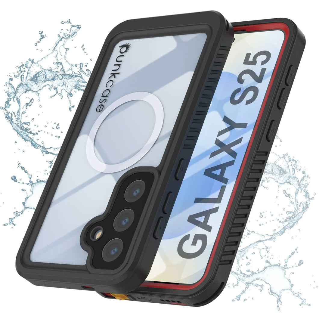 Funda impermeable para Galaxy S25, Punkcase [Extreme Mag Series] Armor Cover con protector de pantalla incorporado [Rojo]