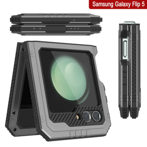 Funda protectora resistente de grado militar para Galaxy Z Flip5 con acabado metálico [plata]. Cubre todo el cuerpo y proporciona una armadura resistente.