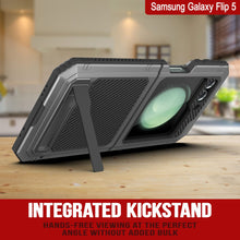 Cargar imagen en el visor de la galería, Funda protectora resistente de grado militar para Galaxy Z Flip5 con acabado metálico [plata]. Cubre todo el cuerpo y proporciona una armadura resistente.
