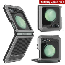 Cargar imagen en el visor de la galería, Funda protectora resistente de grado militar para Galaxy Z Flip5 con acabado metálico [plata]. Cubre todo el cuerpo y proporciona una armadura resistente.
