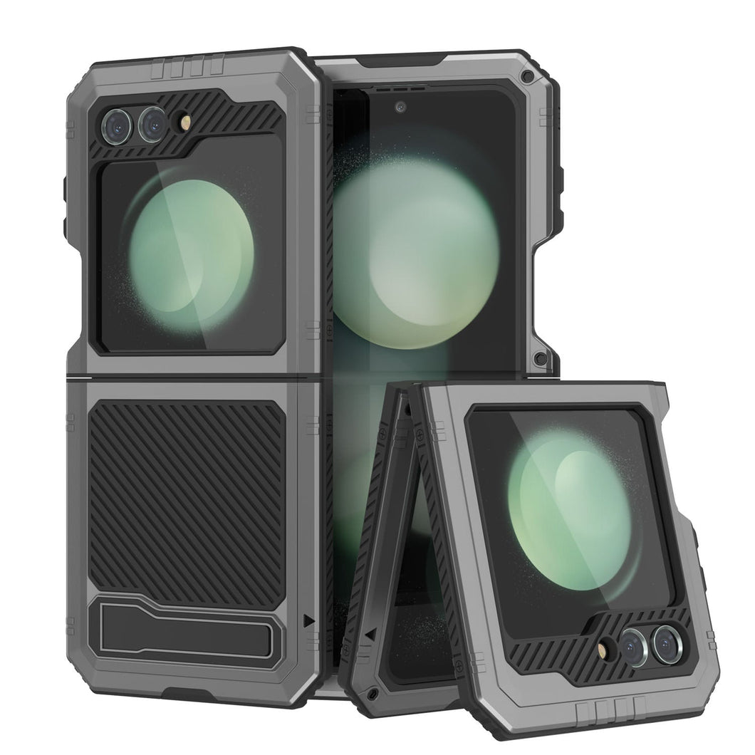 Funda protectora resistente de grado militar para Galaxy Z Flip5 con acabado metálico [plata]. Cubre todo el cuerpo y proporciona una armadura resistente.