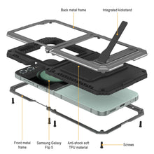 Cargar imagen en el visor de la galería, Funda protectora resistente de grado militar para Galaxy Z Flip5 con acabado metálico [plata]. Cubre todo el cuerpo y proporciona una armadura resistente.
