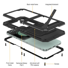 Cargar imagen en el visor de la galería, Estuche de metal Galaxy Z Flip5, cubierta de armadura resistente de grado militar de servicio pesado para cuerpo completo [negro].
