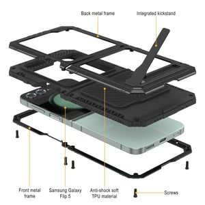 Estuche de metal Galaxy Z Flip5, cubierta de armadura resistente de grado militar de servicio pesado para cuerpo completo [negro].