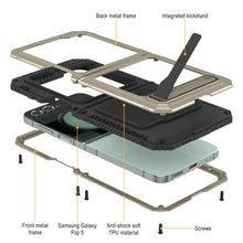 Cargar imagen en el visor de la galería, Funda de metal Galaxy Z Flip5, cubierta resistente de grado militar de armadura completa para el cuerpo duro [Dorado].
