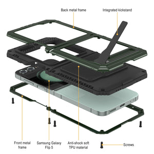 Carcasa de metal Galaxy Z Flip5, funda de armadura de grado militar resistente, cubierta completa de cuerpo duro [verde oscuro].