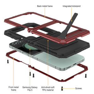 Funda de metal Galaxy Z Flip5, resistente militar de grado de armadura, cubierta dura de cuerpo completo [Roja].