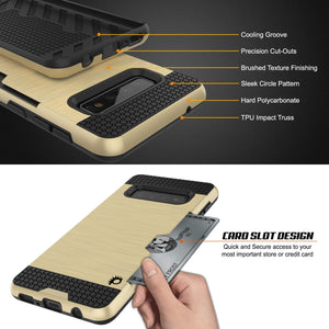 Galaxy S10 Case, PUNKcase [SLOT Series] [Slim Fit] Dual-Layer Armor Cover w/Integrated Anti-Shock System, Credit Card Slot [Gold] (Color in image: Silver)