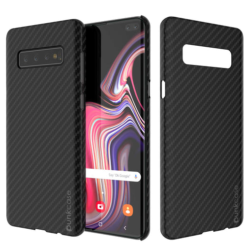 Galaxy S10 Plus Case, Punkcase CarbonShield, Heavy Duty & Ultra Thin 2 Piece Dual Layer PU Leather Jet Black Cover (Color in image: Black)