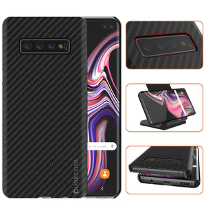 Galaxy S10 Plus Case, Punkcase CarbonShield, Heavy Duty & Ultra Thin 2 Piece Dual Layer PU Leather Jet Black Cover 