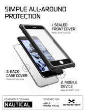 Cargar imagen en el visor de la galería, SIMPLE ALL-AROUND PROTECTION SEALED FRONT COVER Water-proof resistant 3. BACK CASE COVER Protection from drop 2. MOBILE DEVICE Apple IPHONE 7 PLUS EQUIPMENT CODENAME DESIGNED FOR eo NAUTICAL LE ayy GHOSTEN (Color in image: White)
