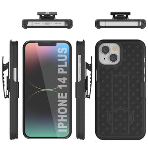 Funda para iPhone 15 Plus con protector de pantalla de vidrio templado, clip de cinturón y soporte incorporado [naranja]