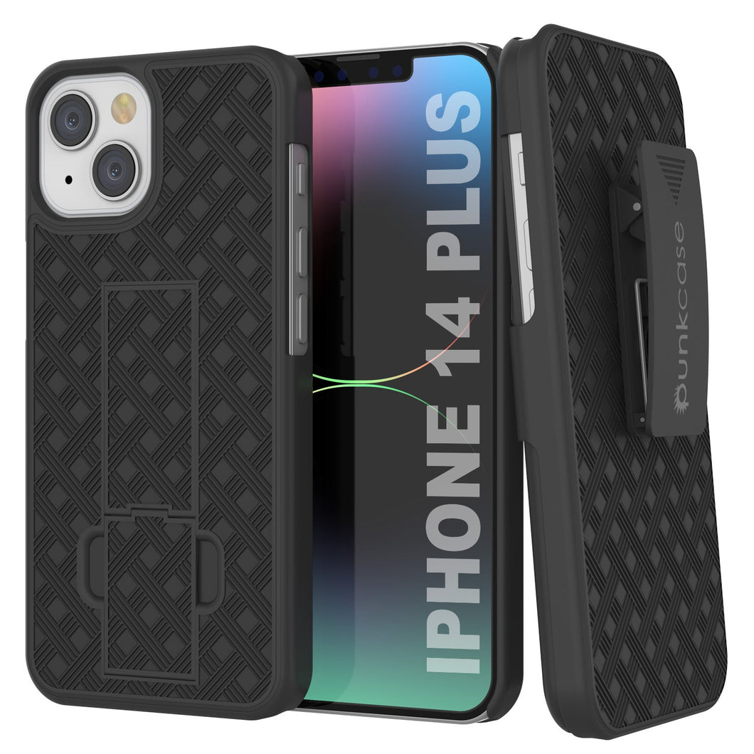 Funda para iPhone 15 Plus con protector de pantalla de vidrio templado, clip de cinturón y soporte incorporado [naranja]