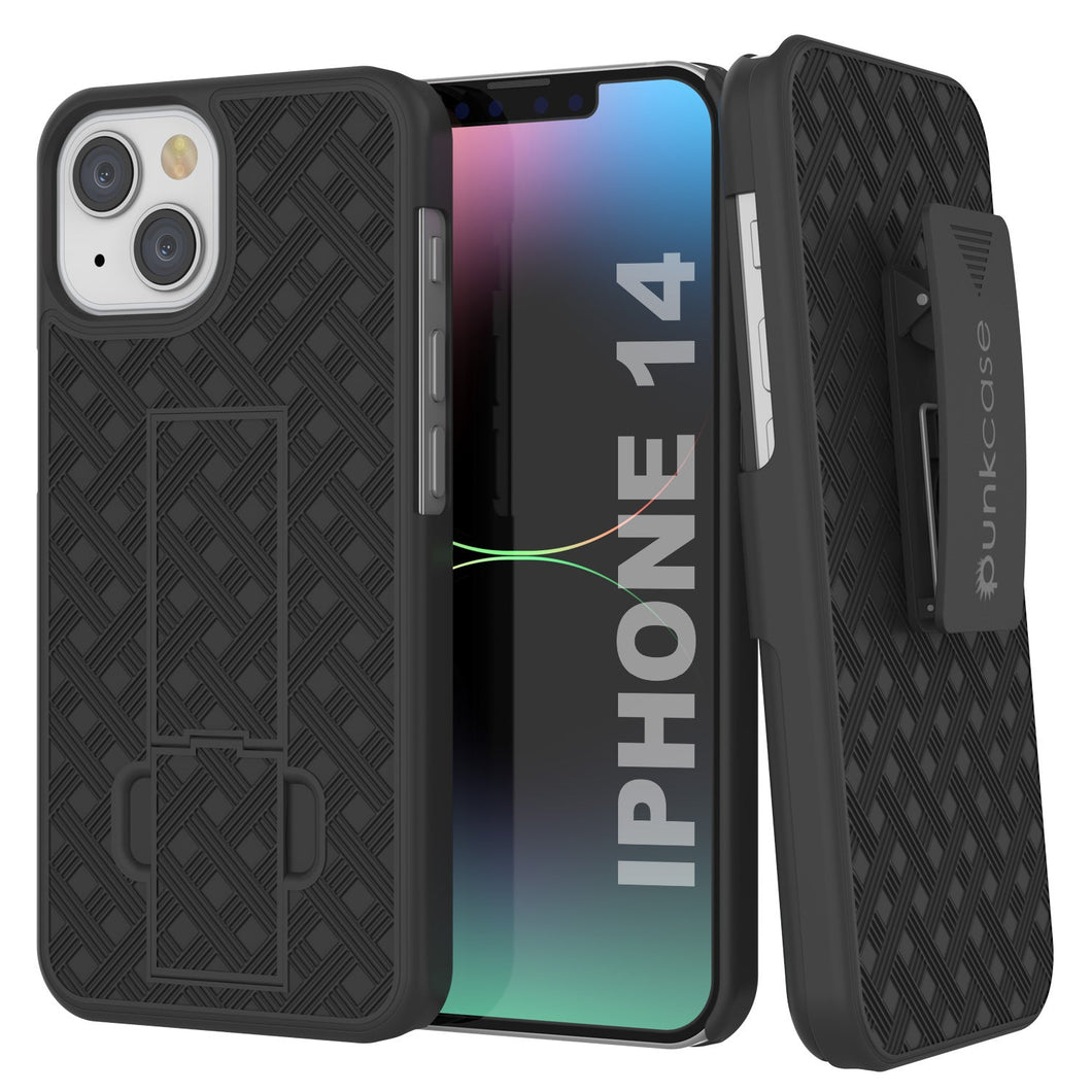 Funda Punkcase para iPhone 14 con protector de pantalla de vidrio templado, clip de cinturón y soporte incorporado [Negro]