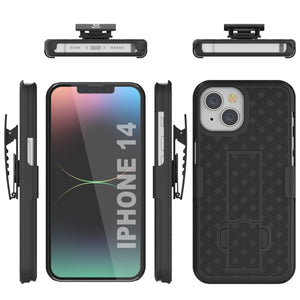 Funda Punkcase para iPhone 14 con protector de pantalla de vidrio templado, clip de cinturón y soporte incorporado [Negro]