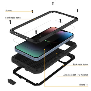 Carcasa metálica para iPhone 14, resistente y de grado militar con cubierta de armadura [a prueba de golpes] de cuerpo completo [negra].