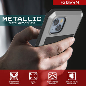 Fundas para iPhone 14 de Metal, Cubierta de armadura de grado militar resistente [a prueba de golpes] Cuerpo completo rígido [plata].