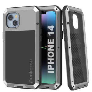 Fundas para iPhone 14 de Metal, Cubierta de armadura de grado militar resistente [a prueba de golpes] Cuerpo completo rígido [plata].