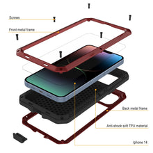 Cargar imagen en el visor de la galería, Funda de metal para iPhone 14, cubierta resistente de grado militar [a prueba de golpes] de cuerpo completo [rojo].
