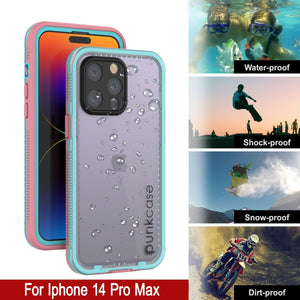 Carcasa impermeable Punkcase para iPhone 14 Pro Max [Serie Aqua] Cubierta de armadura [Rosa Transparente] [Parte trasera transparente]