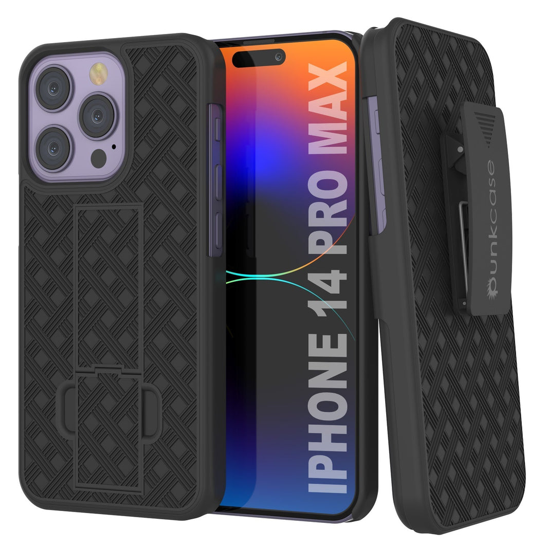 Funda para iPhone 15 Pro Max con protector de pantalla de vidrio templado, clip de cinturón y soporte incorporado [Rojo].