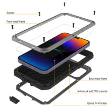 Cargar imagen en el visor de la galería, Funda de metal para iPhone 14 Pro Max, resistente de alta calidad de grado militar [a prueba de golpes] cuerpo completo duro [plateado].
