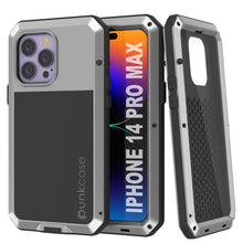 Cargar imagen en el visor de la galería, Funda de metal para iPhone 14 Pro Max, resistente de alta calidad de grado militar [a prueba de golpes] cuerpo completo duro [plateado].
