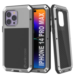 Funda de metal para iPhone 14 Pro Max, resistente de alta calidad de grado militar [a prueba de golpes] cuerpo completo duro [plateado].