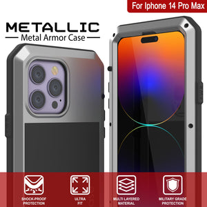 Funda de metal para iPhone 14 Pro Max, resistente de alta calidad de grado militar [a prueba de golpes] cuerpo completo duro [plateado].